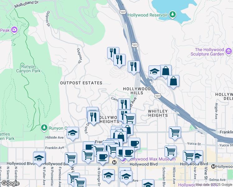 map of restaurants, bars, coffee shops, grocery stores, and more near 2175 Broadview Terrace in Los Angeles