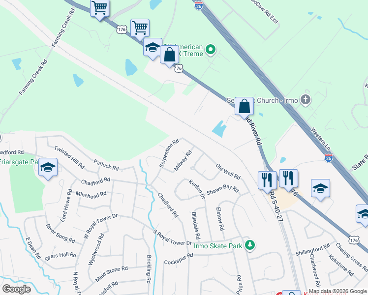 map of restaurants, bars, coffee shops, grocery stores, and more near 400 Serpentine Road in Irmo