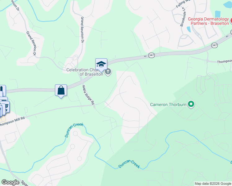 map of restaurants, bars, coffee shops, grocery stores, and more near 5560 Thompson Mill Road in Flowery Branch