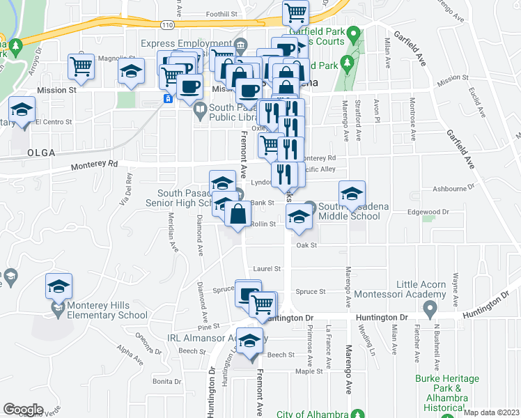 map of restaurants, bars, coffee shops, grocery stores, and more near 1425 Bank Street in South Pasadena