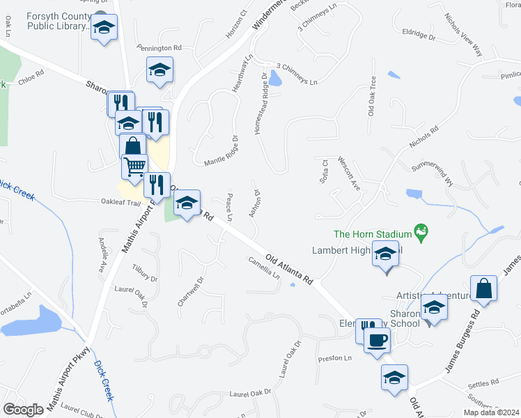 map of restaurants, bars, coffee shops, grocery stores, and more near 3380 Ashton Drive in Suwanee