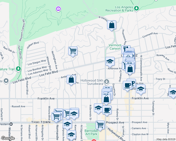 map of restaurants, bars, coffee shops, grocery stores, and more near 2073 North Catalina Street in Los Angeles