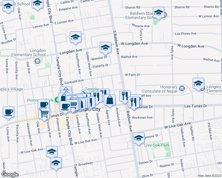 map of restaurants, bars, coffee shops, grocery stores, and more near 9929 Woodruff Avenue in Temple City