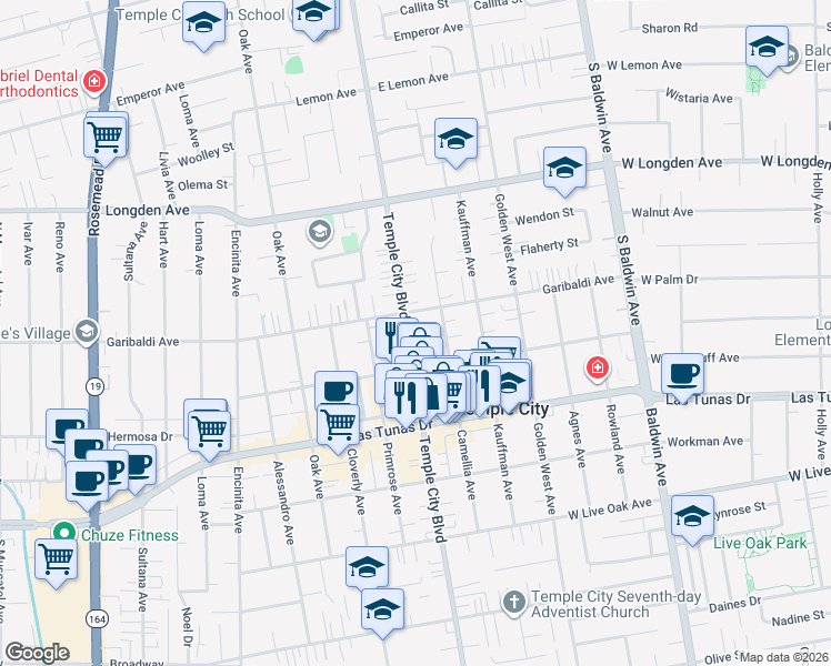 map of restaurants, bars, coffee shops, grocery stores, and more near 6038 Temple City Boulevard in Temple City