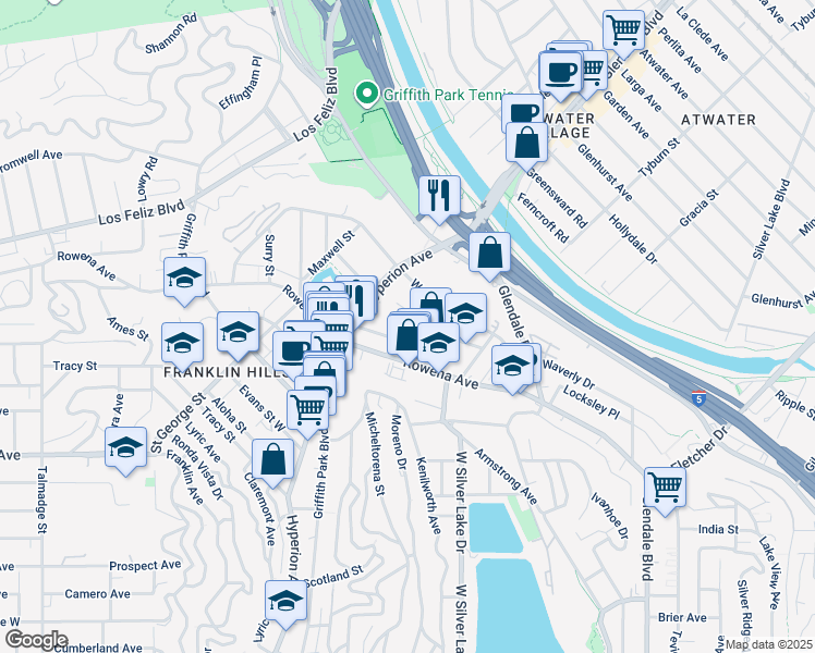 map of restaurants, bars, coffee shops, grocery stores, and more near Avenel Street in Los Angeles