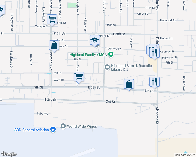 map of restaurants, bars, coffee shops, grocery stores, and more near 7941 Midhurst Drive in Highland