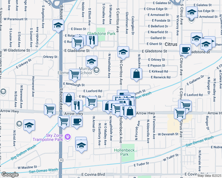 map of restaurants, bars, coffee shops, grocery stores, and more near 5330 North Heathdale Avenue in Azusa