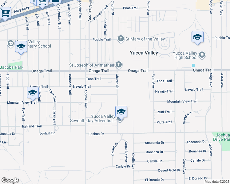 map of restaurants, bars, coffee shops, grocery stores, and more near 56250 Nez Perce Trail in Yucca Valley