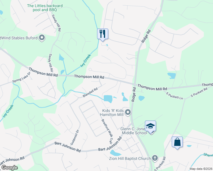 map of restaurants, bars, coffee shops, grocery stores, and more near 3432 Blaisdell Road in Buford