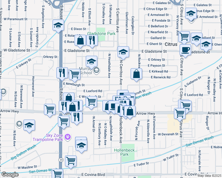 map of restaurants, bars, coffee shops, grocery stores, and more near 5330 North Heathdale Avenue in Azusa