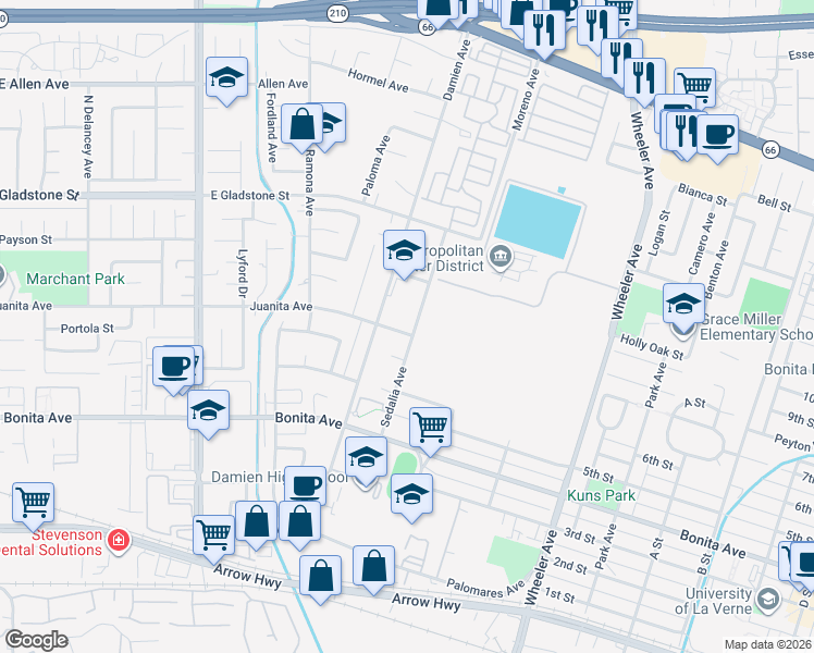 map of restaurants, bars, coffee shops, grocery stores, and more near 1133 Juanita Avenue in La Verne