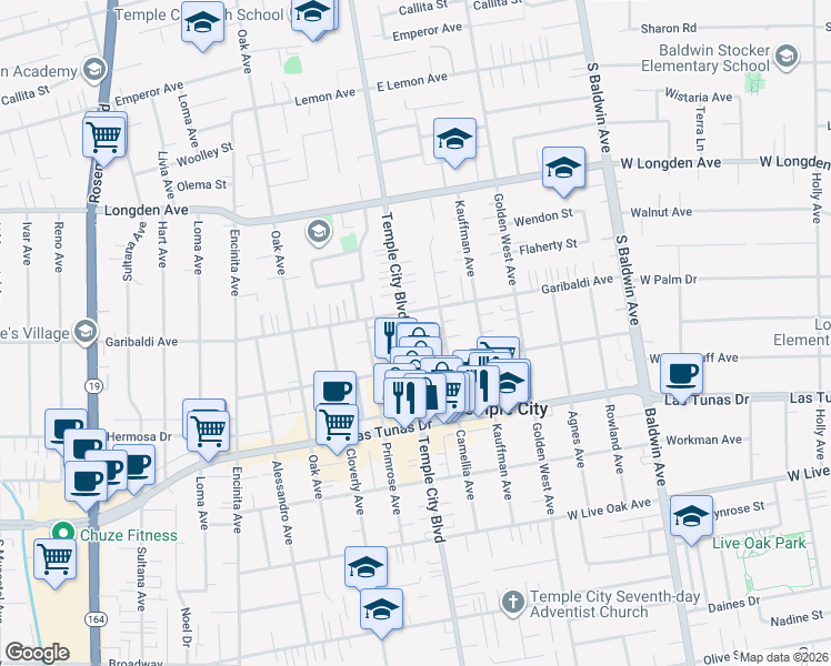 map of restaurants, bars, coffee shops, grocery stores, and more near 6050 Temple City Boulevard in Temple City