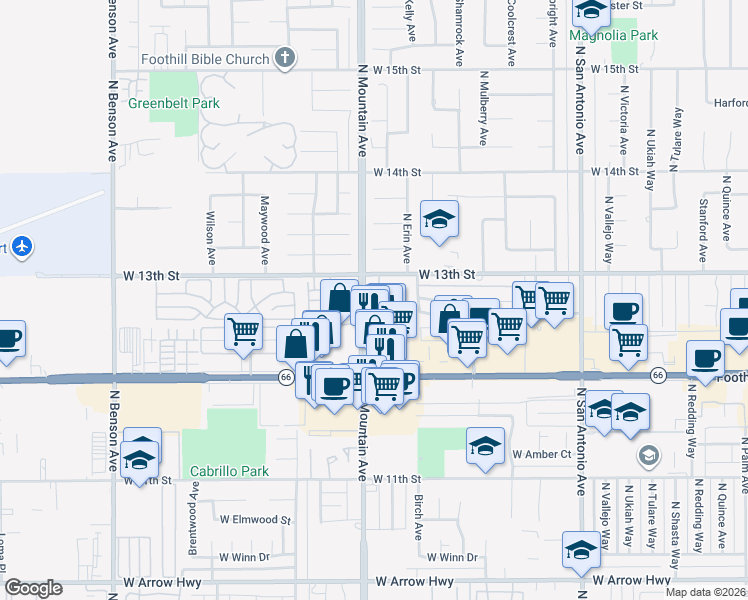 map of restaurants, bars, coffee shops, grocery stores, and more near 1244 Edgewood Lane in Upland