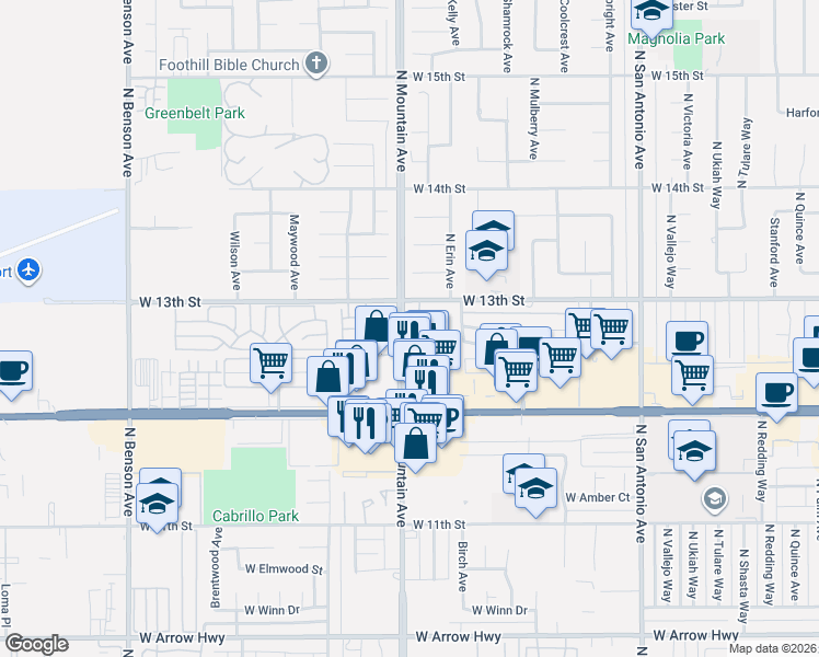 map of restaurants, bars, coffee shops, grocery stores, and more near 1193 Mountain Gate Road in Upland