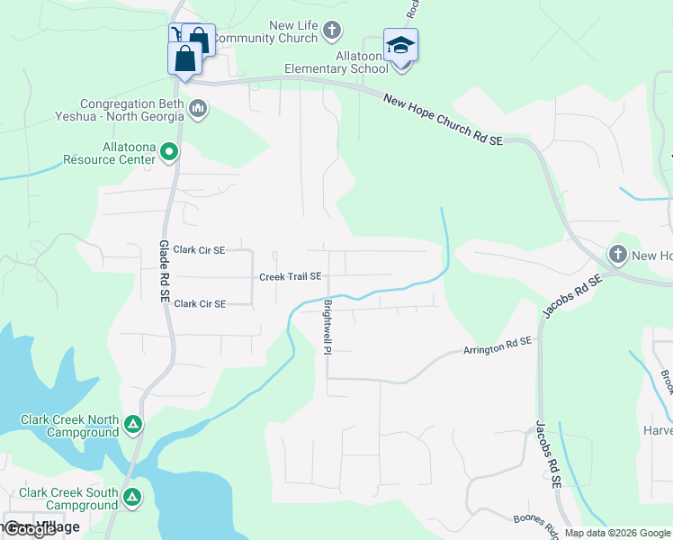 map of restaurants, bars, coffee shops, grocery stores, and more near 4244 Creek Trail Southeast in Acworth