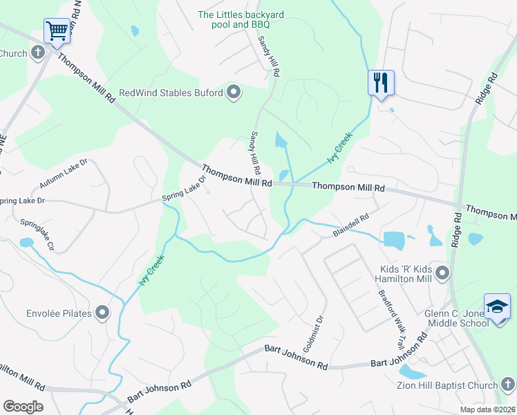 map of restaurants, bars, coffee shops, grocery stores, and more near 3941 Sovereign Drive in Buford