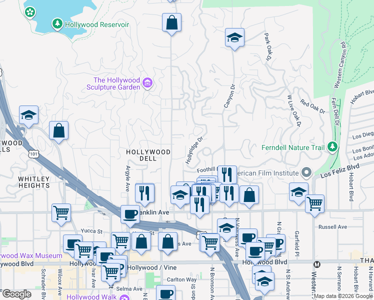 map of restaurants, bars, coffee shops, grocery stores, and more near 2160 Beachwood Terrace in Los Angeles