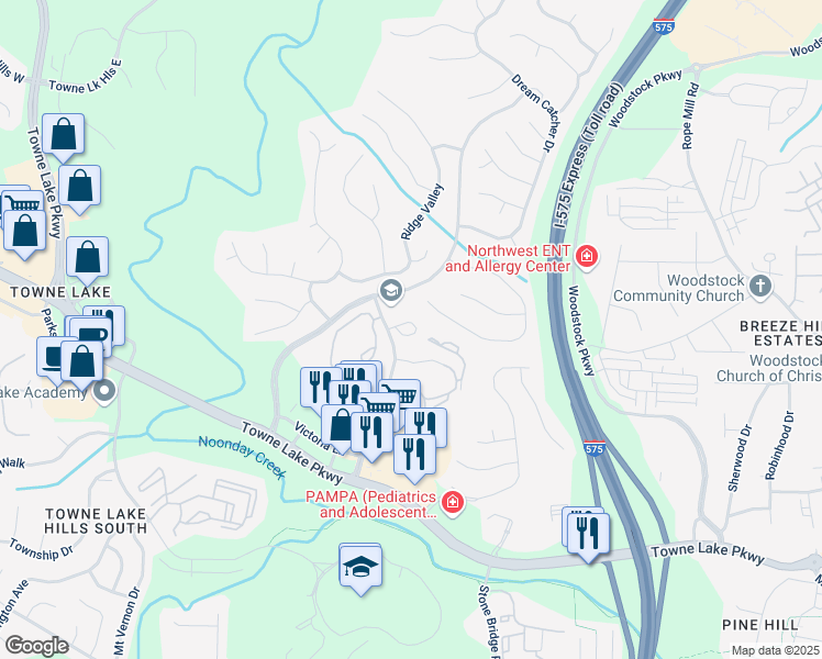 map of restaurants, bars, coffee shops, grocery stores, and more near 1350 Buckhead Crossing in Woodstock