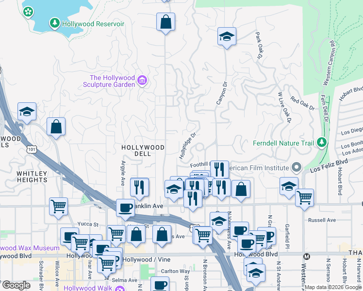 map of restaurants, bars, coffee shops, grocery stores, and more near 2160 Beachwood Terrace in Los Angeles