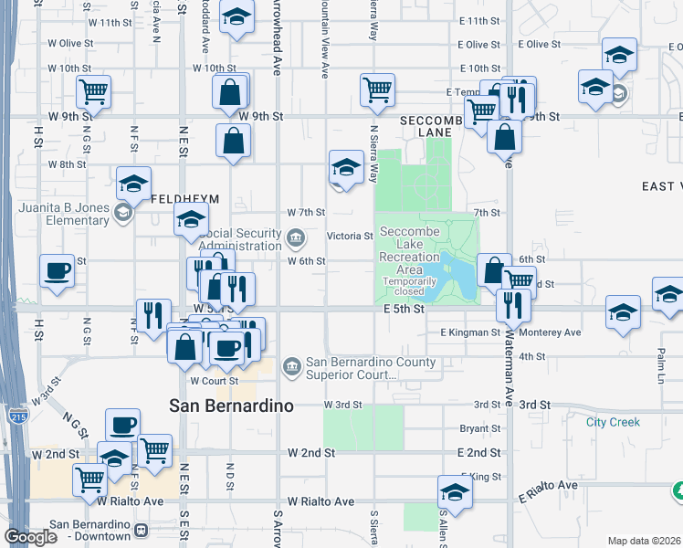 map of restaurants, bars, coffee shops, grocery stores, and more near 149 West 6th Street in San Bernardino