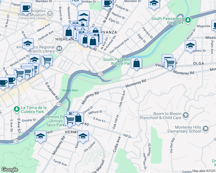 map of restaurants, bars, coffee shops, grocery stores, and more near 6501 Monterey Road in Los Angeles