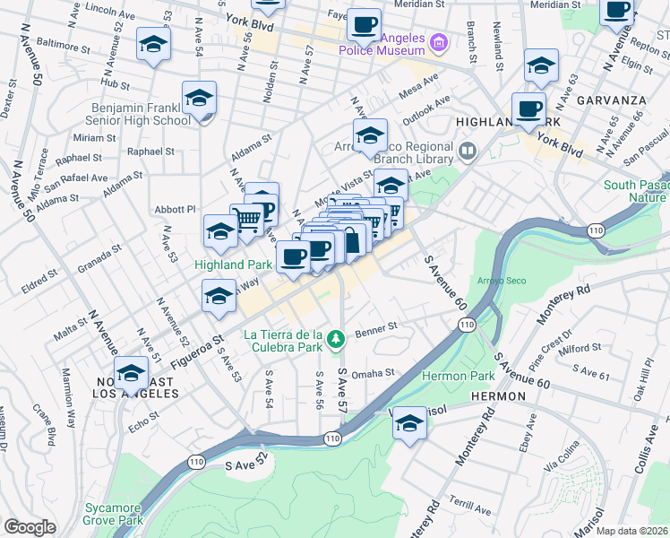 map of restaurants, bars, coffee shops, grocery stores, and more near 2 South Avenue 57 in Los Angeles