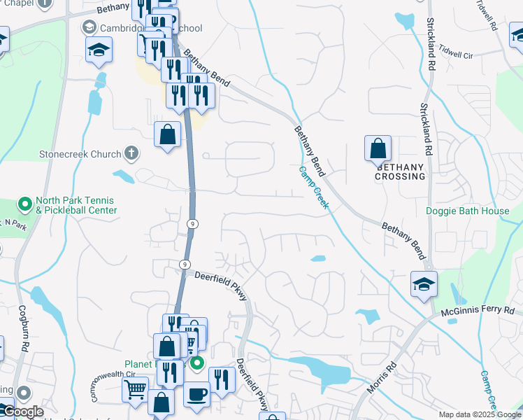 map of restaurants, bars, coffee shops, grocery stores, and more near 645 Astonefield Drive in Alpharetta