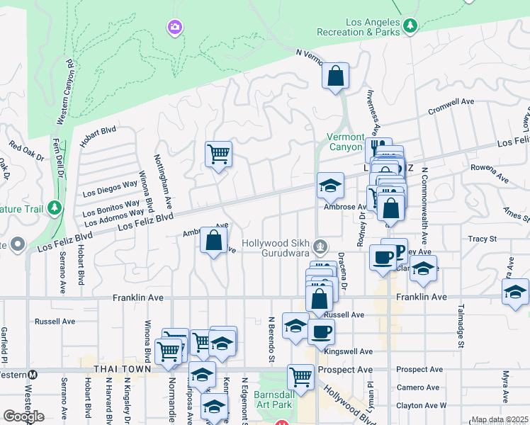 map of restaurants, bars, coffee shops, grocery stores, and more near 2073 North Catalina Street in Los Angeles
