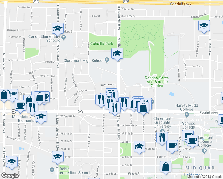 map of restaurants, bars, coffee shops, grocery stores, and more near 1421 Rust Court in Claremont