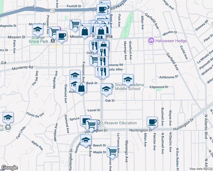 map of restaurants, bars, coffee shops, grocery stores, and more near 1628 Bank Street in South Pasadena
