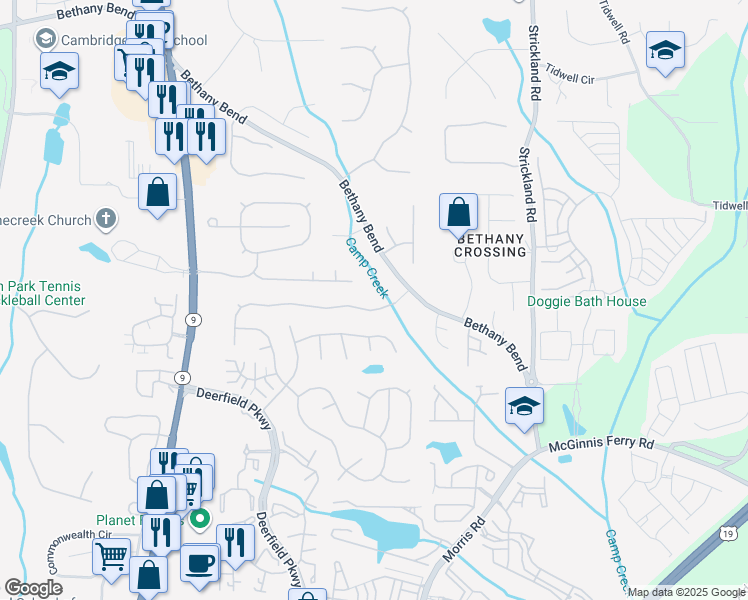 map of restaurants, bars, coffee shops, grocery stores, and more near 3390 Serenade Court in Alpharetta