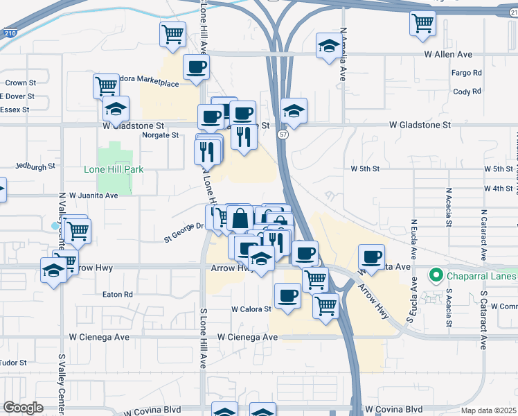 map of restaurants, bars, coffee shops, grocery stores, and more near 924 Overland Court in San Dimas