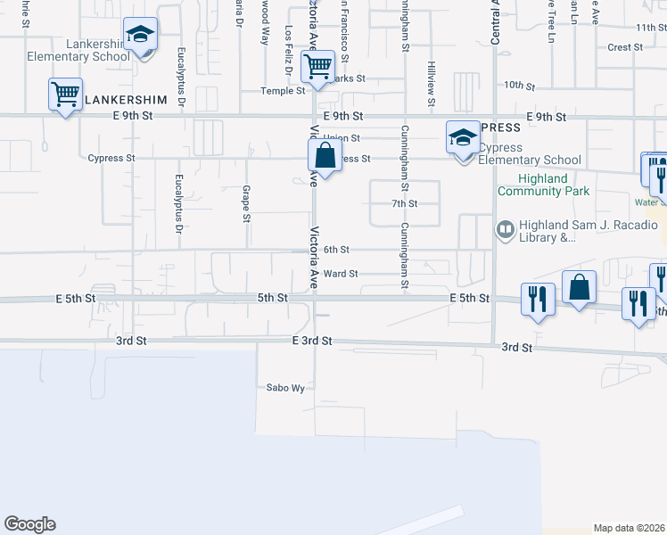 map of restaurants, bars, coffee shops, grocery stores, and more near 26537 6th Street in Highland