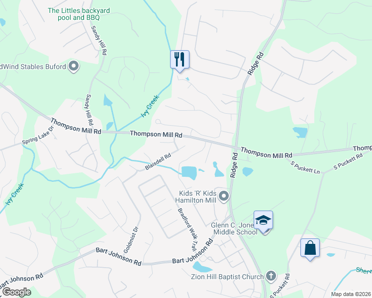 map of restaurants, bars, coffee shops, grocery stores, and more near 3432 Blaisdell Road in Buford