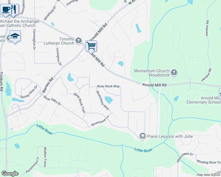map of restaurants, bars, coffee shops, grocery stores, and more near 4021 River Rock Way in Woodstock