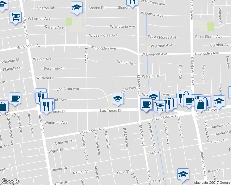 map of restaurants, bars, coffee shops, grocery stores, and more near 289 West Woodruff Avenue in Arcadia