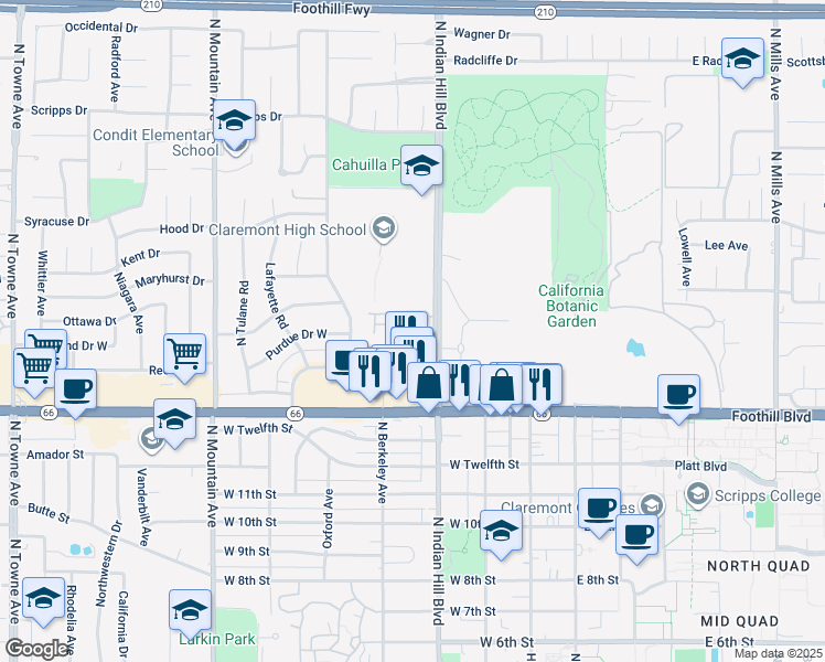 map of restaurants, bars, coffee shops, grocery stores, and more near 1421 Rust Court in Claremont