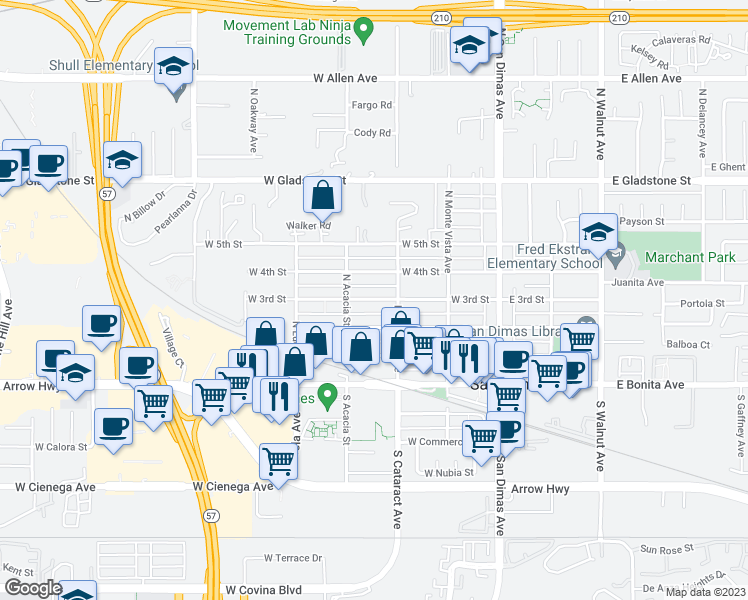 map of restaurants, bars, coffee shops, grocery stores, and more near West 3rd Street in San Dimas