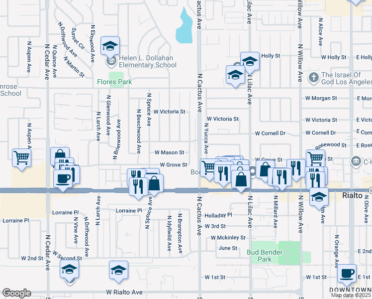 map of restaurants, bars, coffee shops, grocery stores, and more near 752 West Mason Street in Rialto