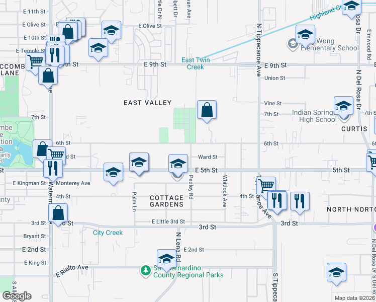 map of restaurants, bars, coffee shops, grocery stores, and more near 7914 Pedley Road in San Bernardino
