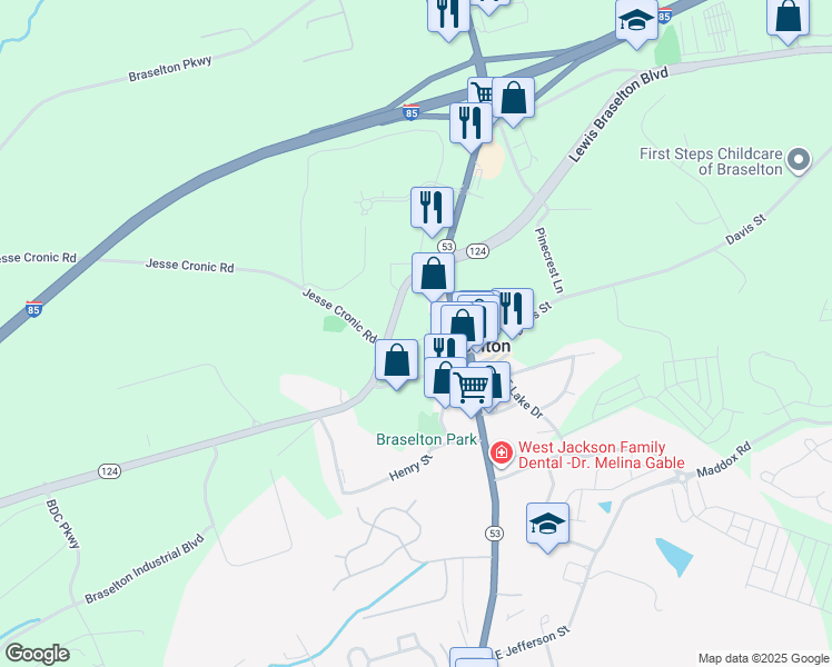 map of restaurants, bars, coffee shops, grocery stores, and more near 5257 Georgia 53 in Braselton
