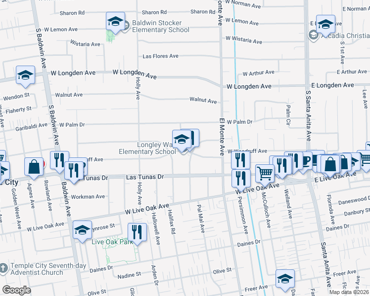 map of restaurants, bars, coffee shops, grocery stores, and more near 289 West Woodruff Avenue in Arcadia
