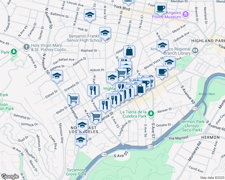 map of restaurants, bars, coffee shops, grocery stores, and more near 257 North Avenue 54 in Los Angeles