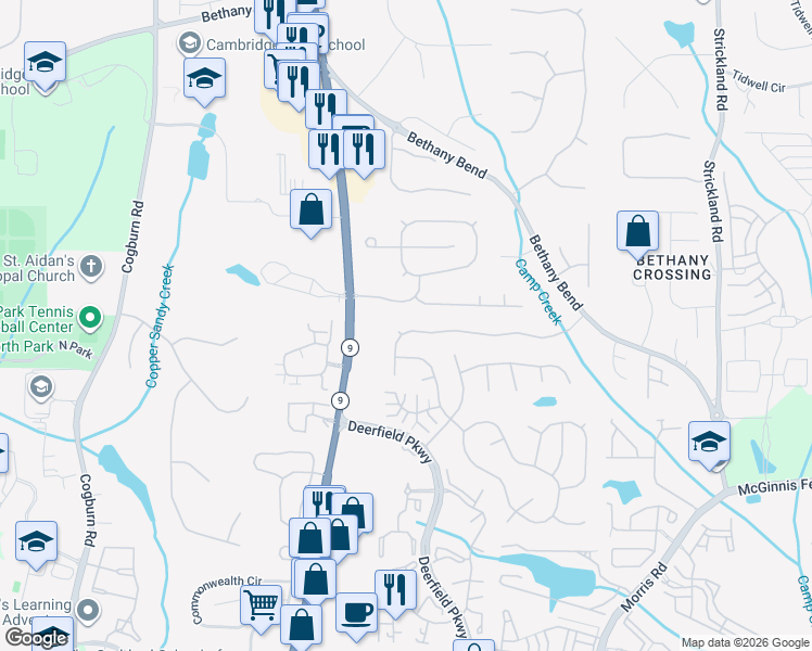 map of restaurants, bars, coffee shops, grocery stores, and more near 3145 Keyingham Way in Alpharetta