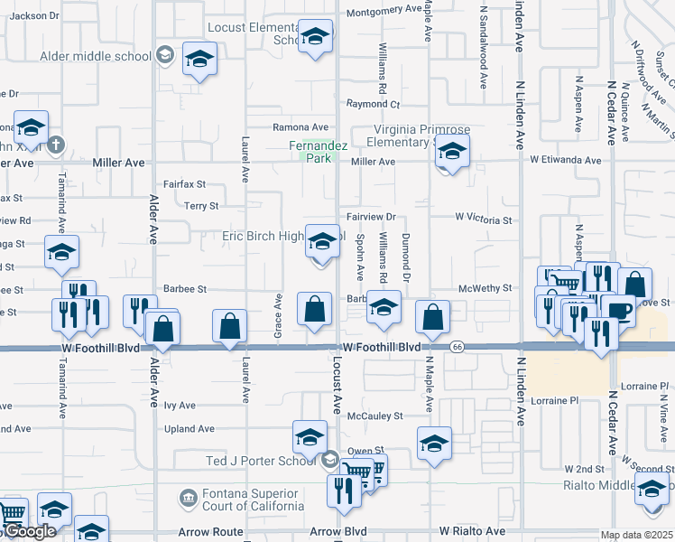 map of restaurants, bars, coffee shops, grocery stores, and more near 7930 Locust Avenue in Fontana