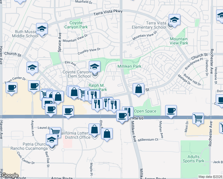 map of restaurants, bars, coffee shops, grocery stores, and more near 7868 Milliken Avenue in Rancho Cucamonga