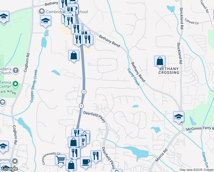 map of restaurants, bars, coffee shops, grocery stores, and more near 3140 Serenade Court in Alpharetta