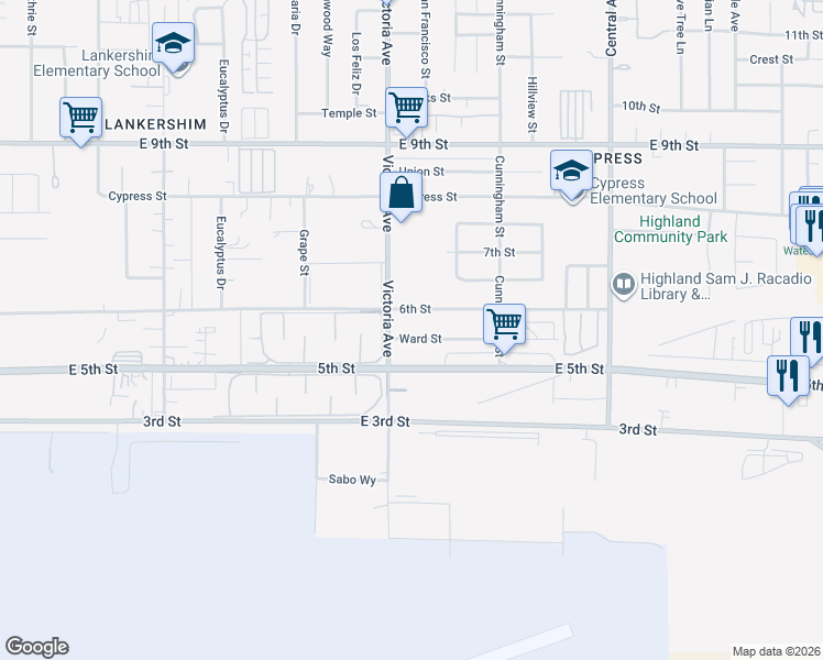 map of restaurants, bars, coffee shops, grocery stores, and more near 26537 6th Street in Highland