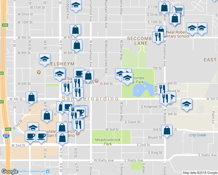 map of restaurants, bars, coffee shops, grocery stores, and more near 149 West 6th Street in San Bernardino