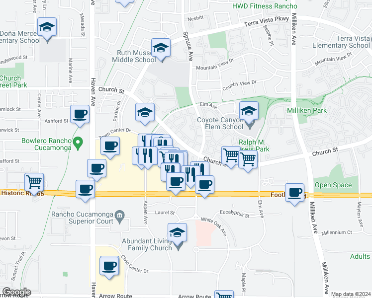 map of restaurants, bars, coffee shops, grocery stores, and more near 10855 Church Street in Rancho Cucamonga
